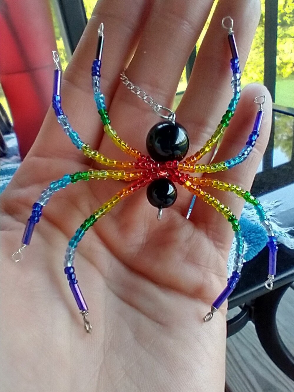 Handmade Rainbow Beaded Spider Charm Necklace